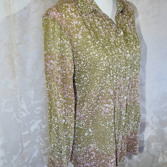 Eddie Bauer L Green Purple Floral Pleated Roll-Tab Sleeve Blouse - Picture 3 of 8